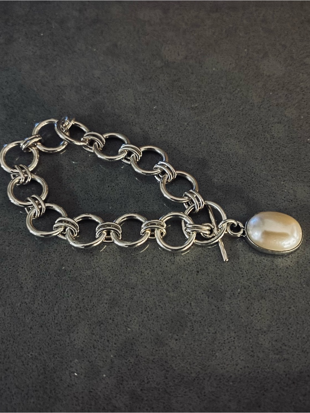 Sterling Silver Link Bracelet with Pearl Charm